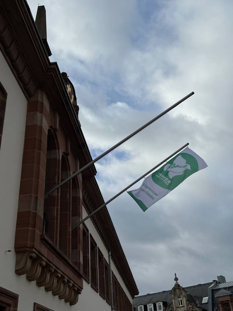 Die Mayorsa for Peace-Flagge vor dem Rathaus in Wiesbaden